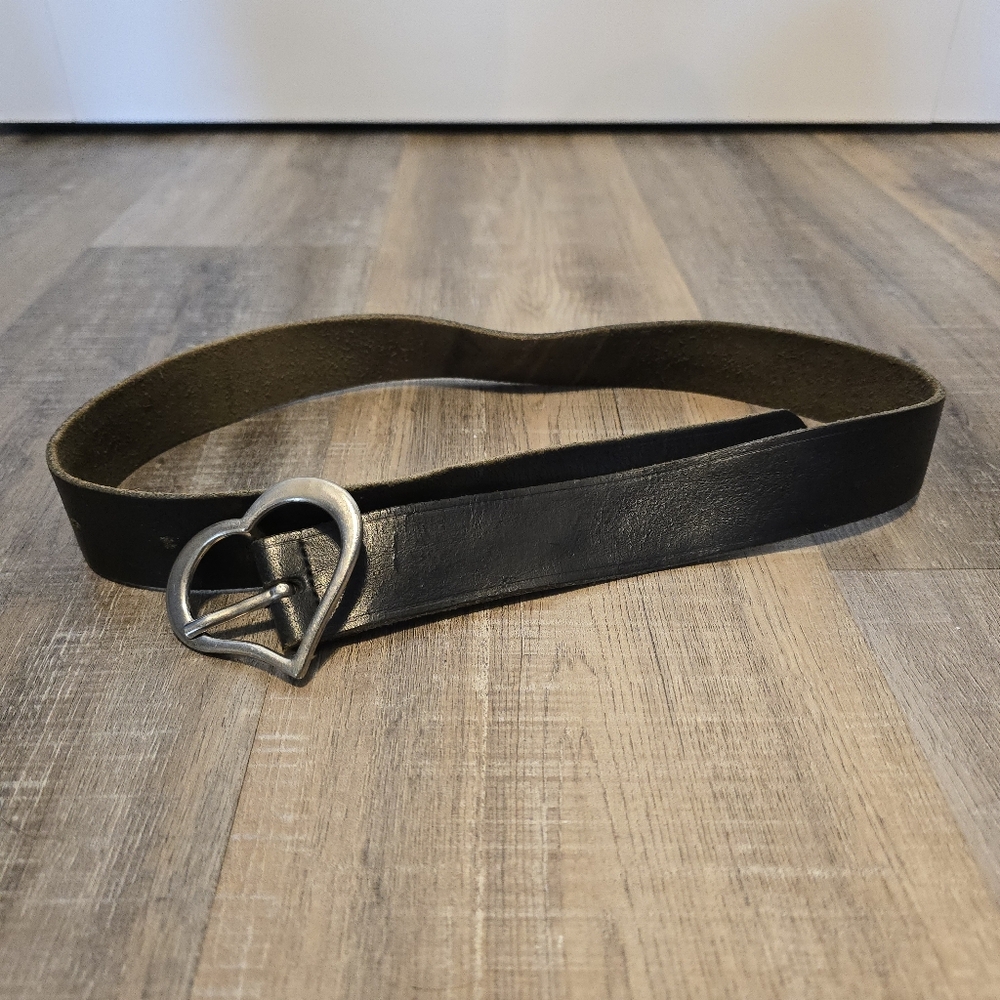 Vintage Black Leather Belt Silver Heart Buckle Women’s